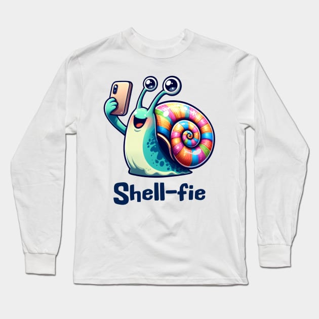 Cute happy snail taking a smartphone Shell-fie pun design Long Sleeve T-Shirt by Luxinda